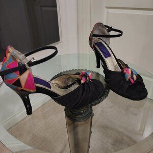 Elegant Black Satin Tango Heels | Multicolor Heel | Women's Size 7